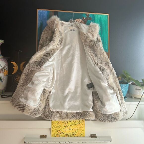 VTG! Nuage Collection Cream Faux Fur Hooded Coat Tiger Print L/G 90s Cozy Glam - Picture 10 of 15